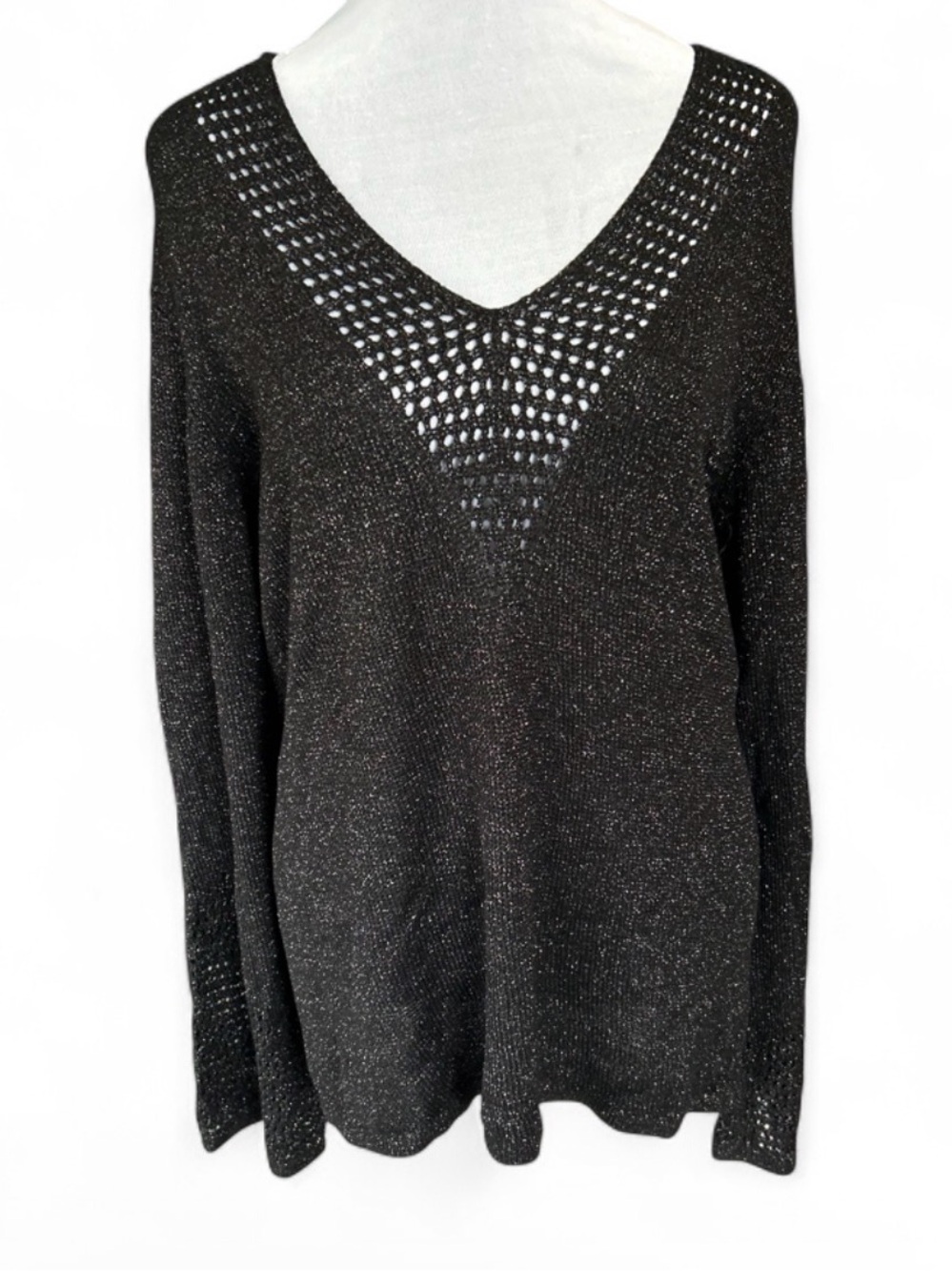 Black sparkly sweater with silver glitter and a V-neck